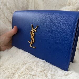 Saint Laurent Cobalt Blue Kate Clutch with Gold YSL Logo